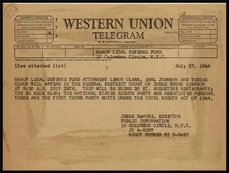 LDF to Argue 1st 3rd-Party Suit Under Civil Rights Act Against 20 St. Augustine, Fla. Restaurants, KKK and Natl. States Rights Party (Telegram) preview