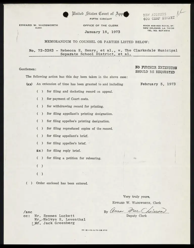 Correspondence from Clerk to Counsel Re: Extension of Time to File Reply preview