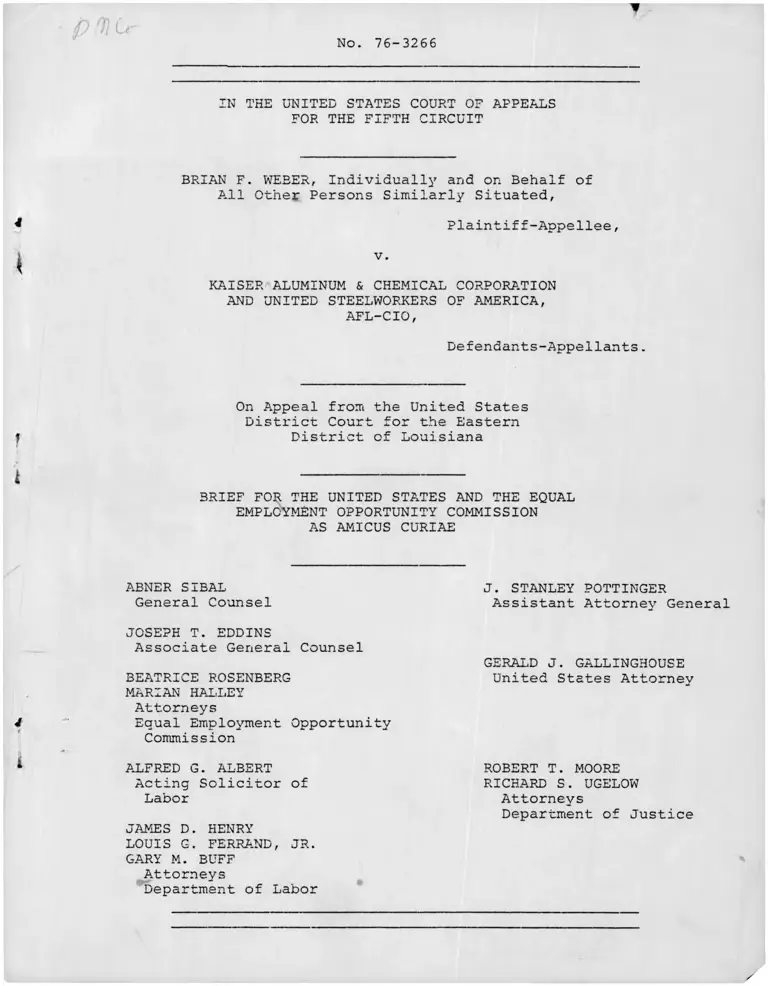 Weber v. Kaiser Aluminum & Chemical Corporation and United Steelworkers of America, AFL-CIO Brief Amicus Curiae preview