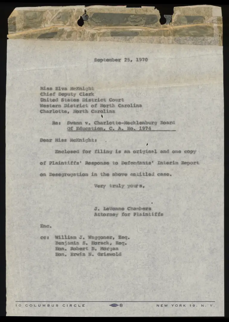 Correspondence from Chambers to Clerk Re: Response to Interim Report on Desegregation preview