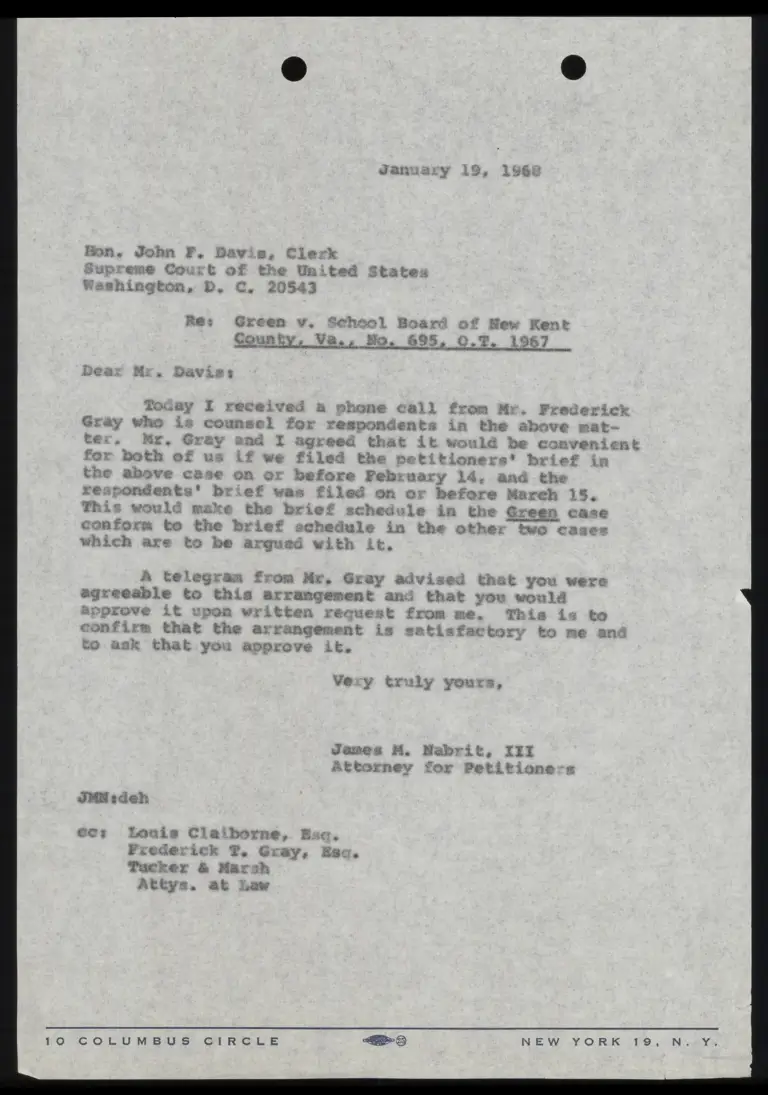 Correspondence from Nabrit to Clerk preview