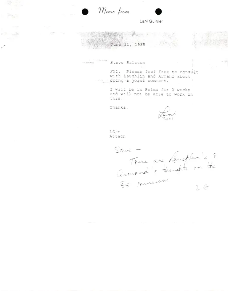Memorandum from Lani Guinier to Steve Ralston preview