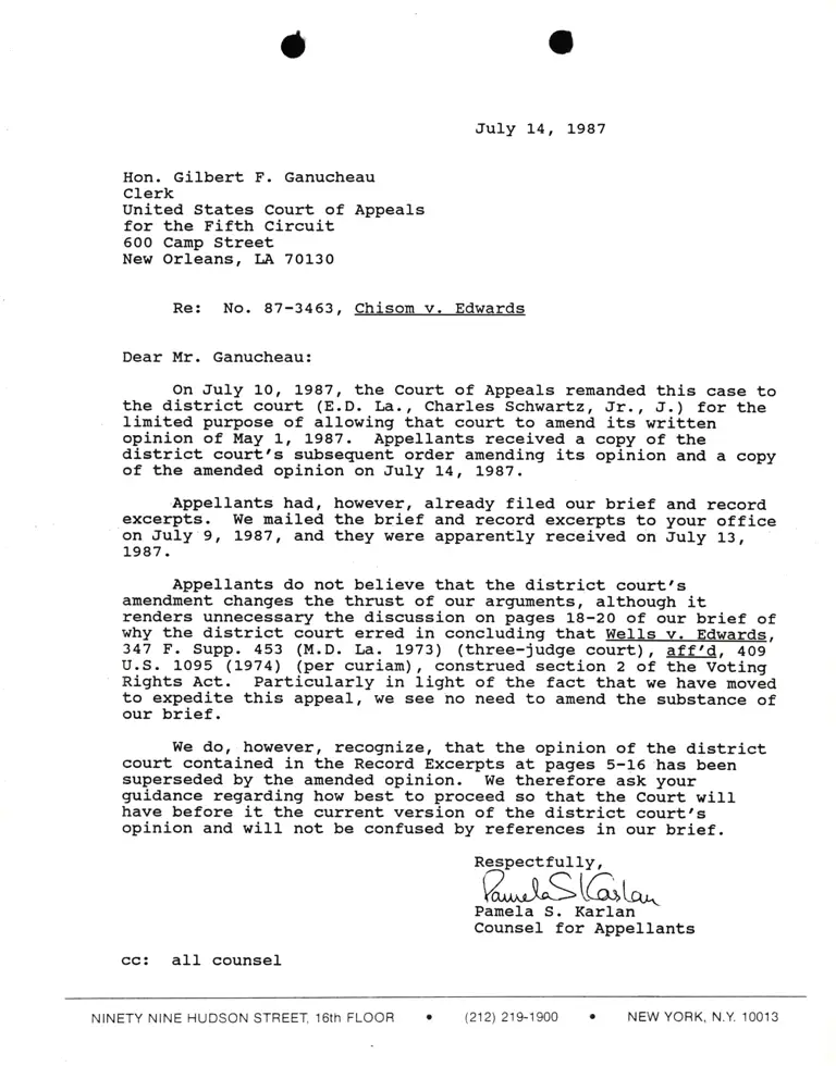 Correspondence from Pamela Karlan to Gilbert Ganucheau (Clerk) Re: Chisom v. Edwards preview