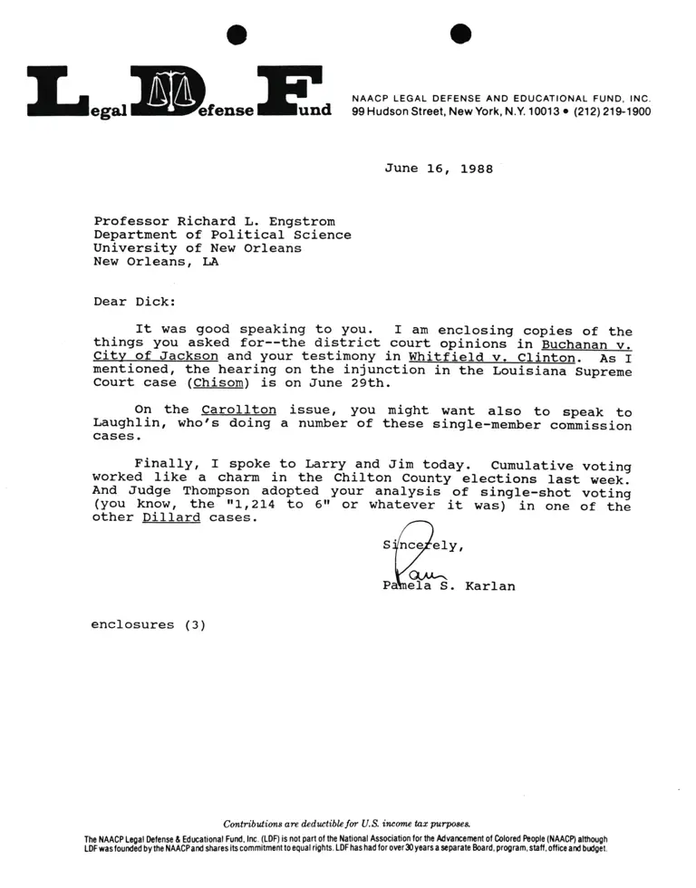 Correspondence from Pamela Karlan to Prof. Richard L. Engstrom preview