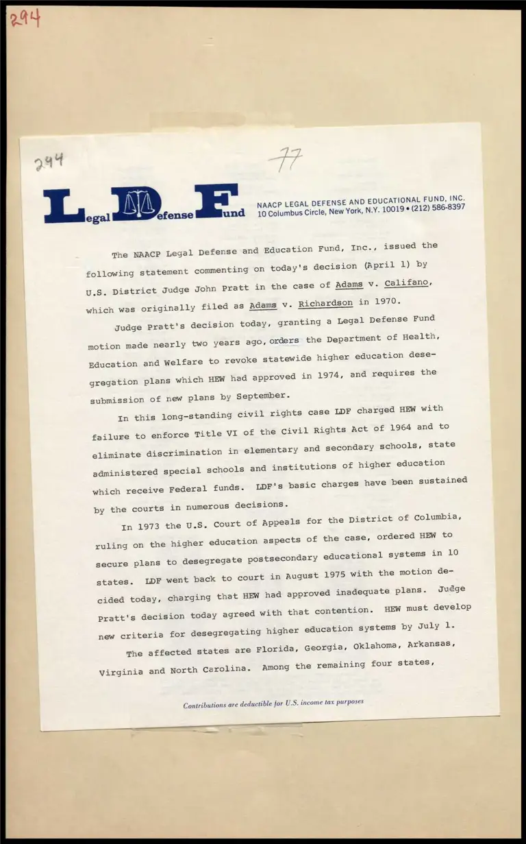 Adams v. Califano Ruling Requires Resubmission of HEW Desegregation Plans preview