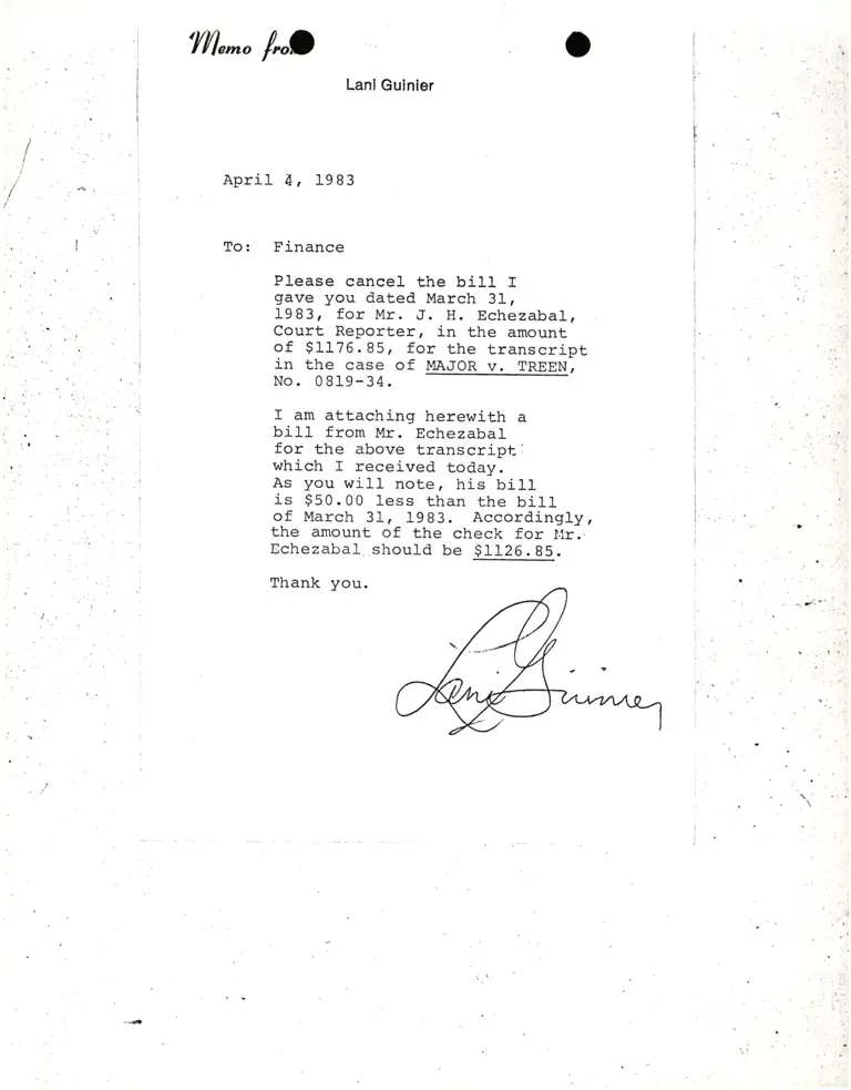 Memorandum from Lani Guinier to Finance Re: Major v. Treen preview