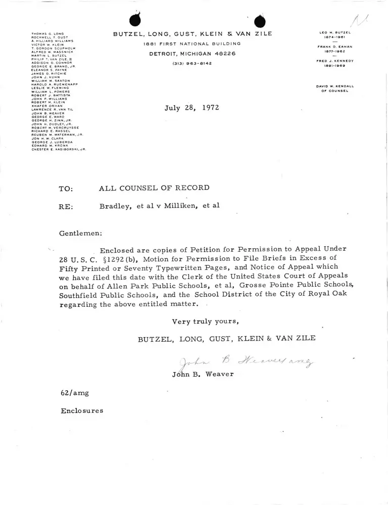 Letter from Weaver to All Counsel RE Petition for Permission to Appeal and Notice of Appeal preview