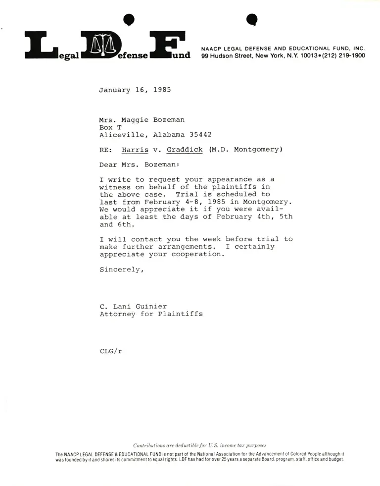 Correspondence from Lani Guinier to Maggie Bozeman Re Harris v. Graddick preview