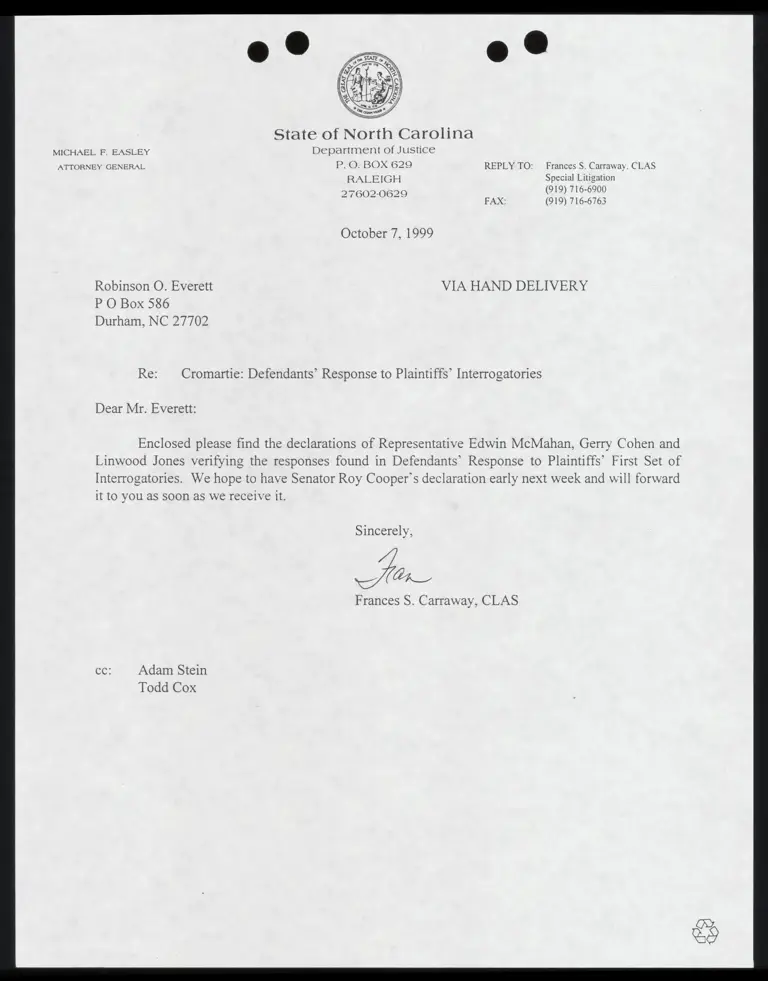 Letter to Everett from Carraway RE Defendants’ Response to Plaintiffs’ Interrogatories preview