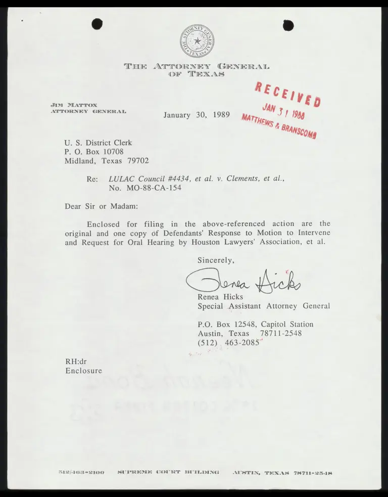 Correspondence from Hicks to Clerk Re: Filing Response to Motion preview