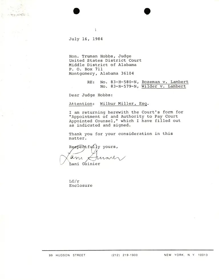 Letter from Lani Guinier to Truman Hobbs (Judge) Re: Bozeman and Wilder v. Lambert preview