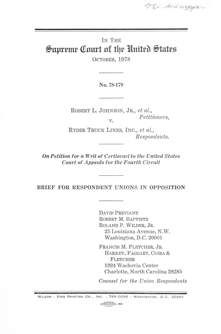 Johnson Jr., v. Ryder Truck Lines Inc. Brief for Respondent Unions in Opposition preview