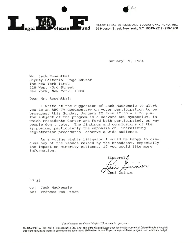 Letter from Lani Guinier to Jack Rosenthal RE: Documentary on voter participation preview