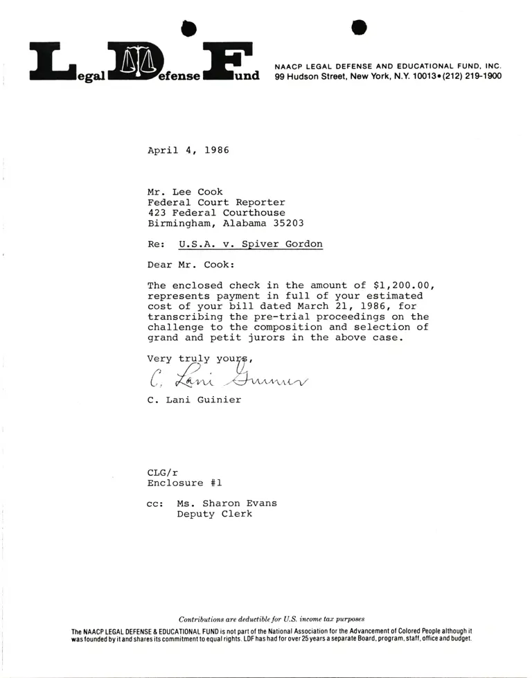 Correspondence from Lani Guinier to Lee Cook (Court Reporter) Re: Spiver Gordon v. United States preview