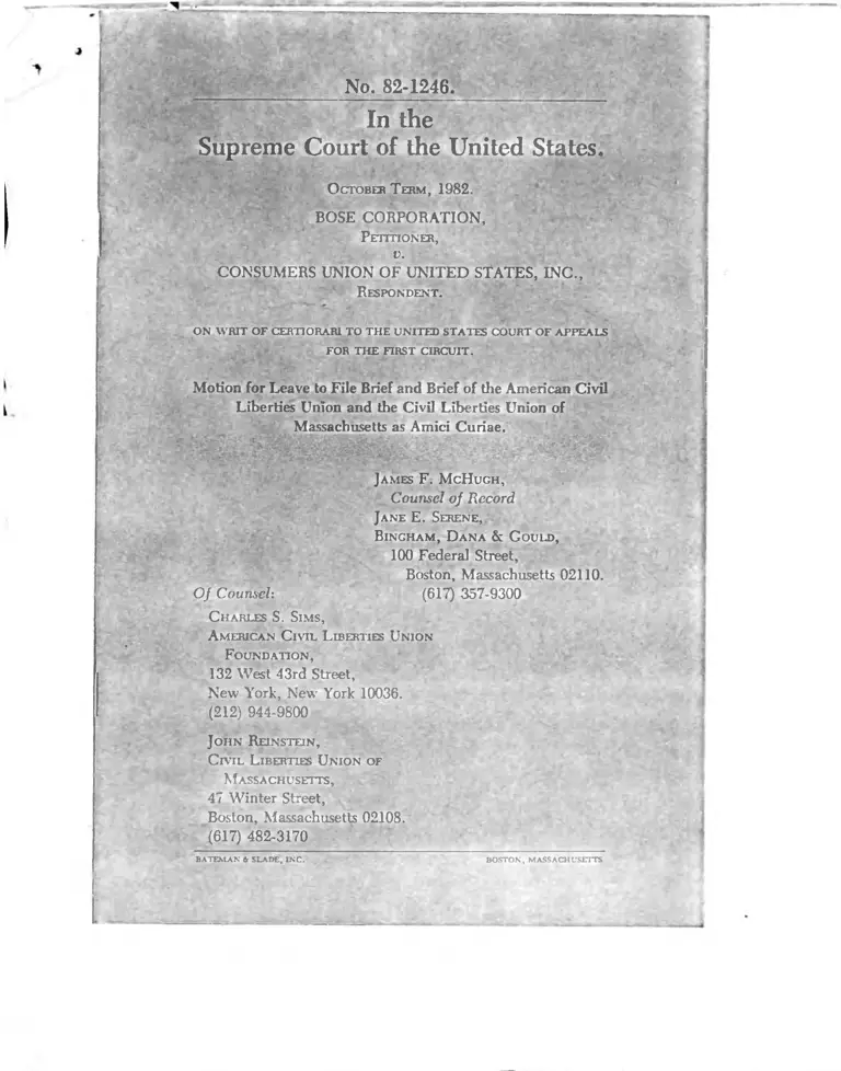 Bose v. Consumers Union of the United States Motion for Leave to File and Brief of the American Civil Liberties Union and the Civil Liberties Union of Massachusetts as Amici Curiae preview