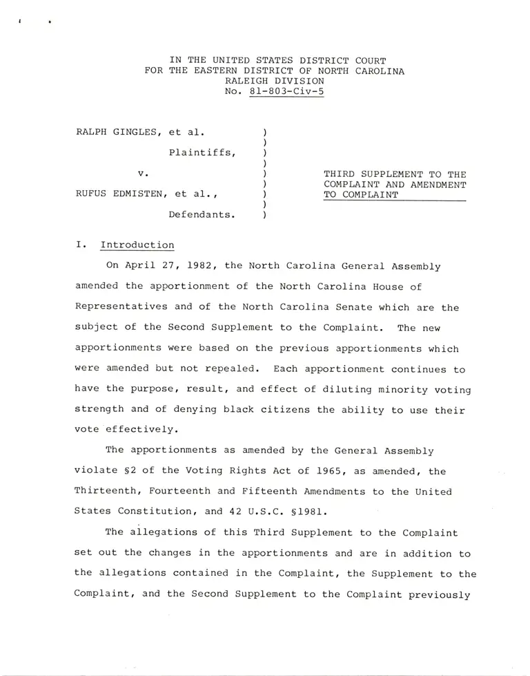 Third Supplement to the Complaint and Amendment to Complaint; General Assembly of North Carolina House Bill 1; Senate Bill 1 preview