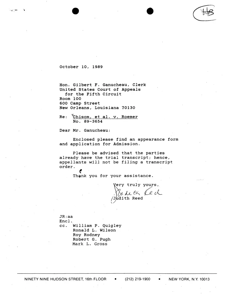 Correspondence from Reed to Ganucheau (Clerk); Form for Appearance of Counsel of Judith Reed and Sherrilyn Ifill; Check from Ifill to U.S. Court of Appeals Librarian (Redacted) preview