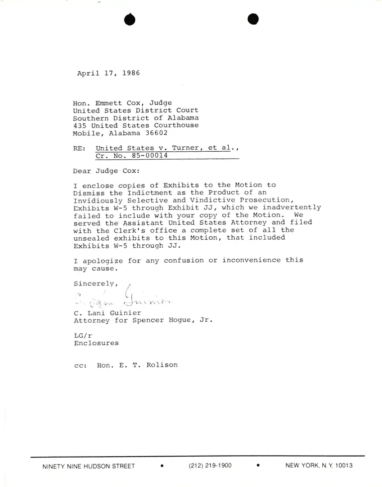 Correspondence from Lani Guinier to Judge Emmett Cox Re: United States v. Turner preview