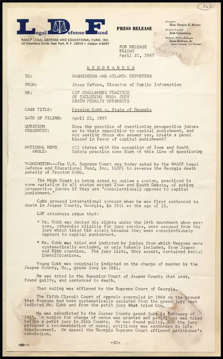 Memorandum on Preston Cobb v. Georgia - LDF Challenges Practice of Excluding from Jury Death Penalty Opponents preview