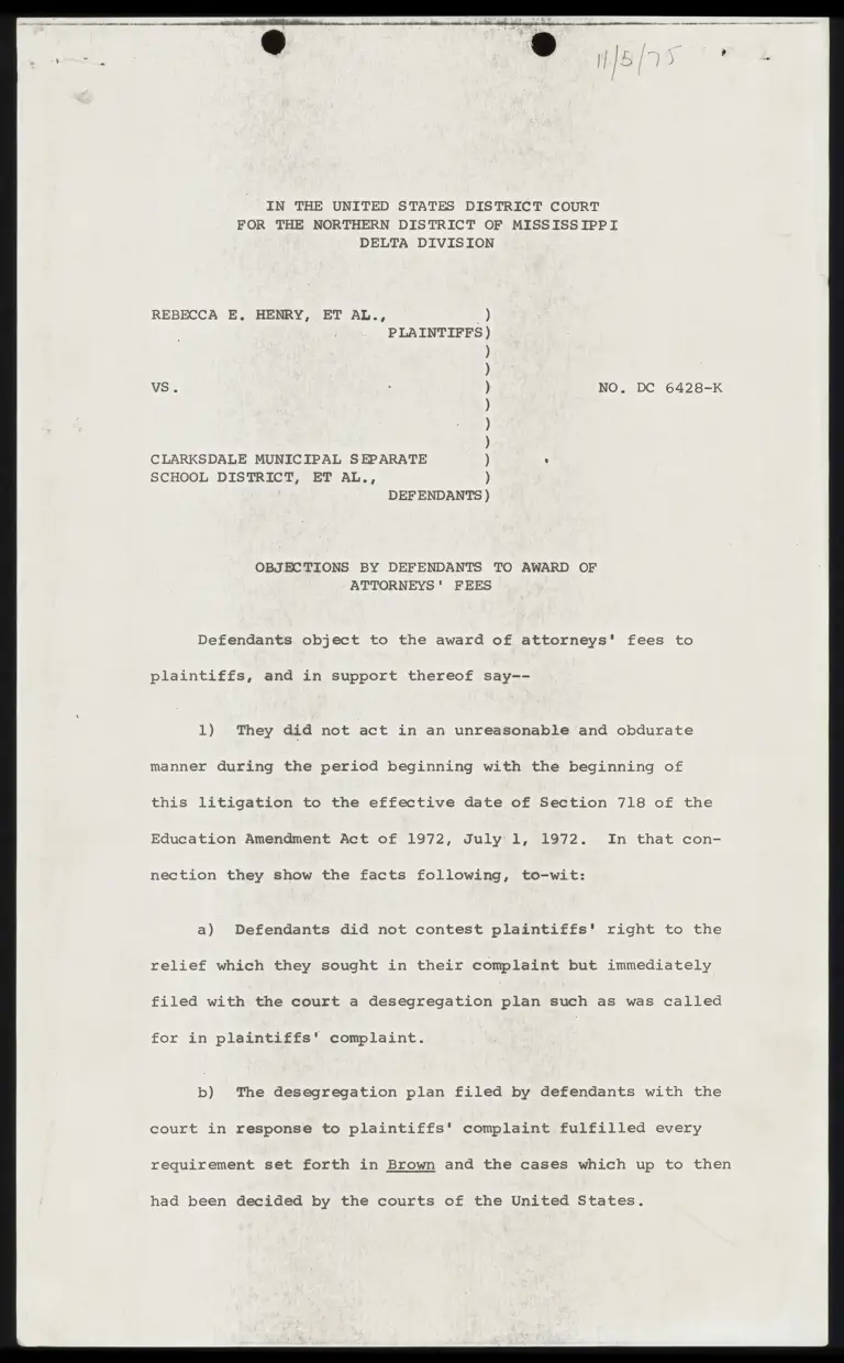 Objections by Defendants to Award of Attorneys' Fees preview