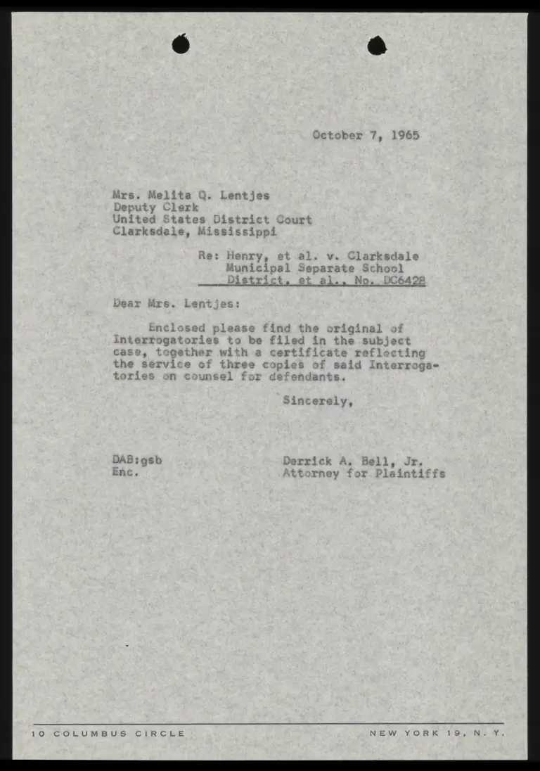 Correspondence from Bell to Clerk Re: Interrogatories preview