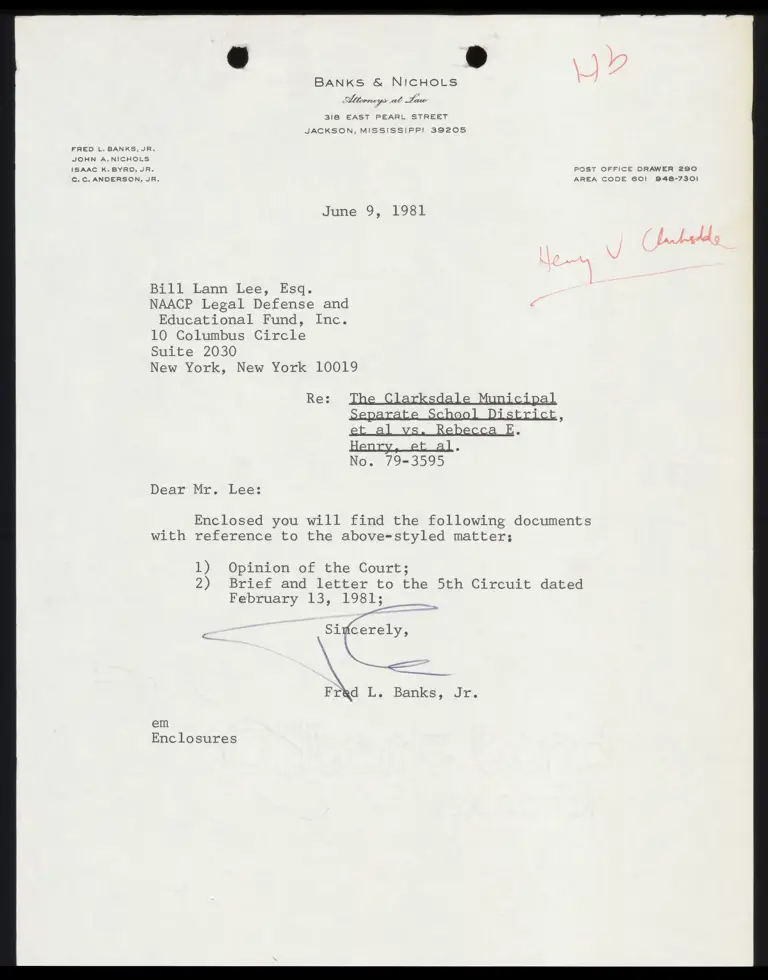 Correspondence from Banks to Lee Re: Opinion and Brief preview