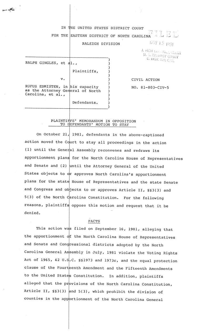 Plaintiffs' Memorandum in Opposition to Defendants' Motion to Stay preview