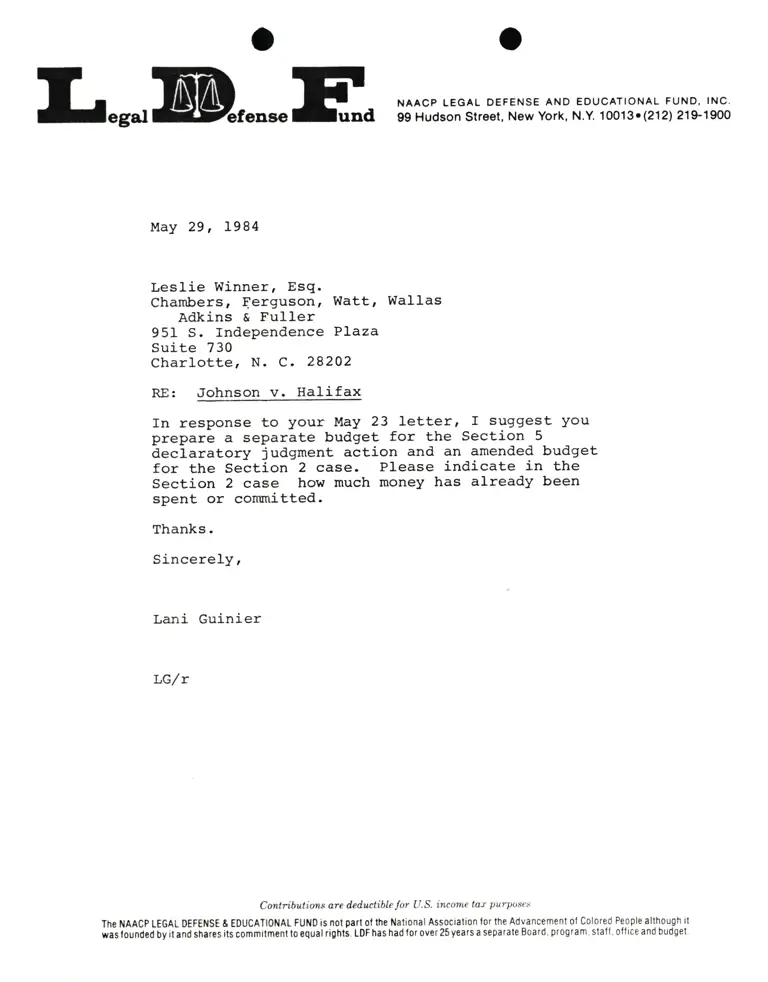 Letter from Lani Guinier to Leslie Winner, Esq. RE: Johnson v. Halifax preview