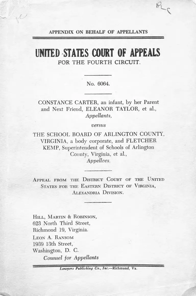 Carter v. School Board of Arlington County, Virginia Appendix on Behalf of Appellants preview