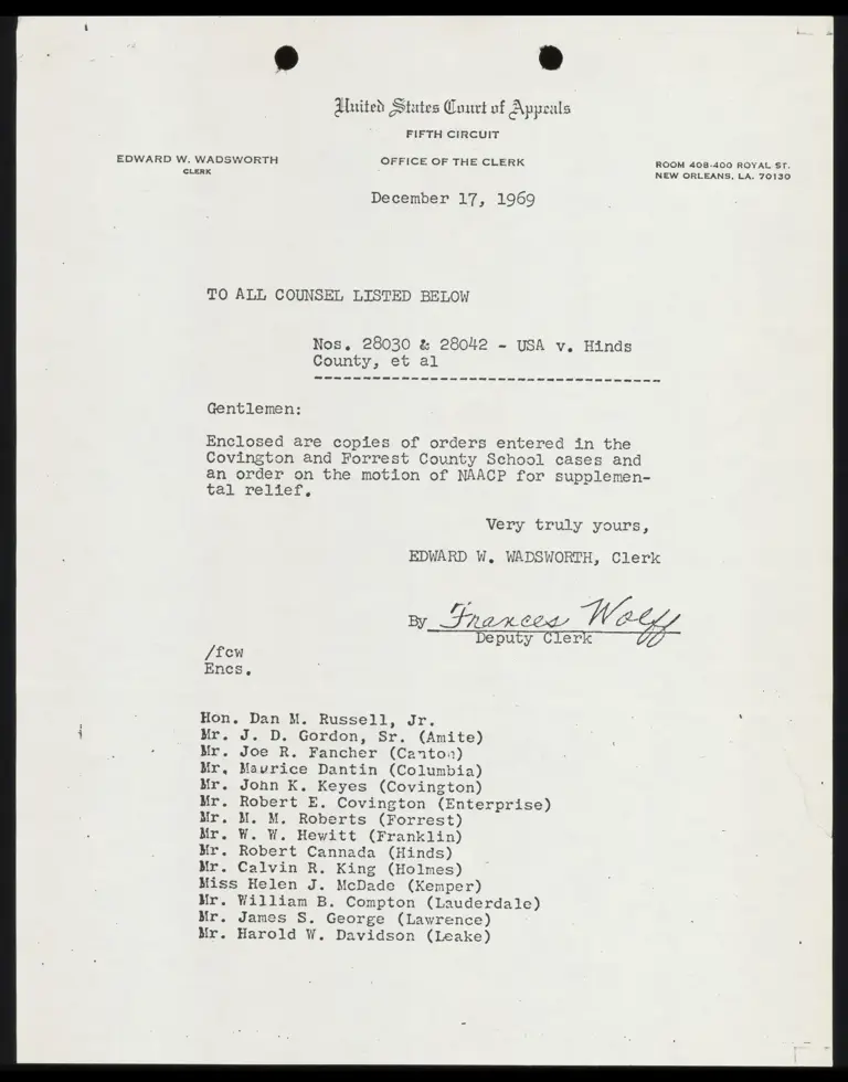 Correspondence from Clerk to Counsel Re: US v. Hinds County preview