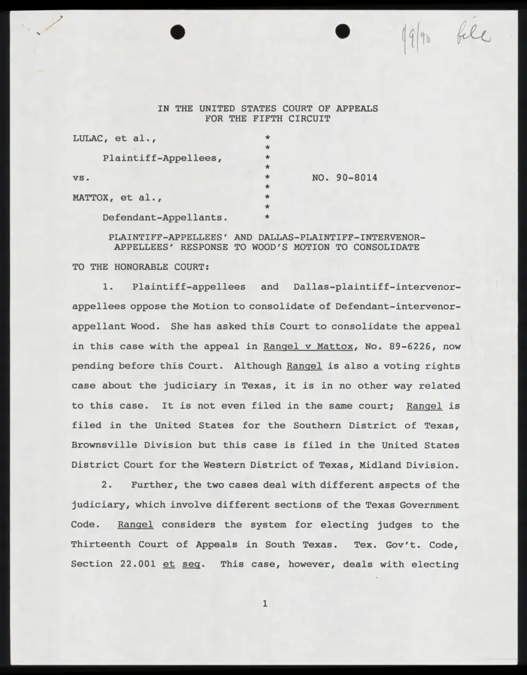 Plaintiff-Appellees' and Dalals-Plaintiff-Intervenor-Appellees' Response to Wood's Motion to Consolidate preview