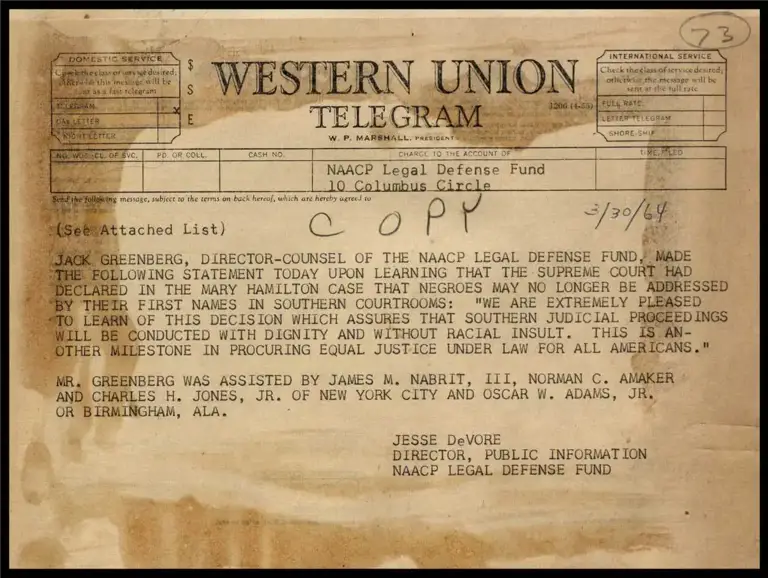 Greenberg Telegram Statement on LDF Victory in Mary Hamilton Case (Hamilton v. Alabama) preview