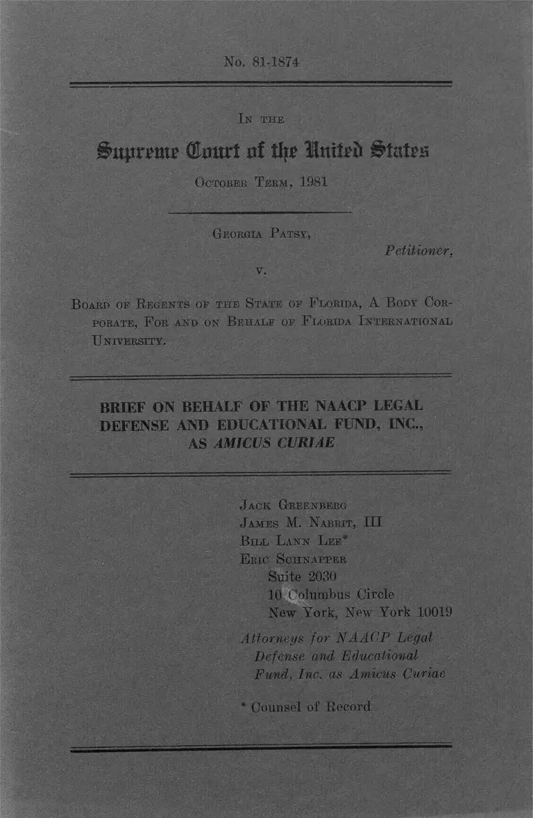Patsy v. Florida Board of Regents Brief Amicus Curiae NAACP Legal Defense Fund preview