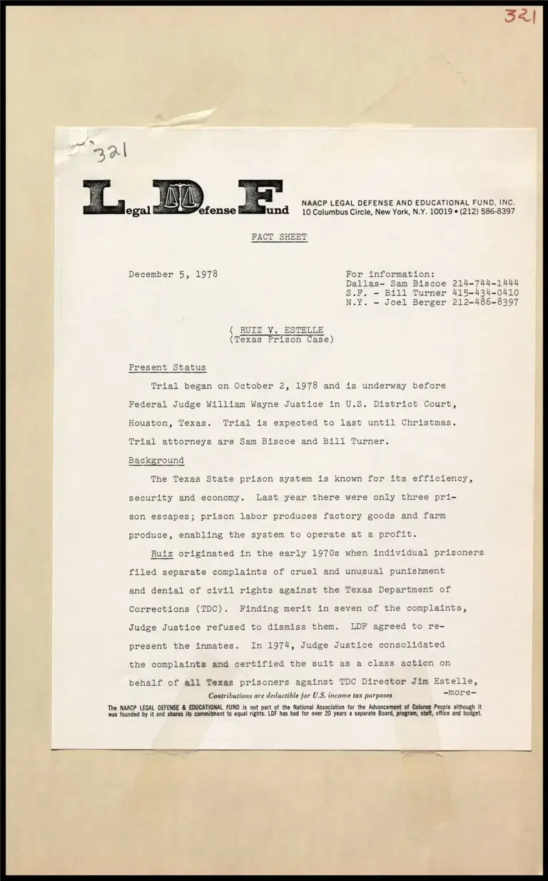 Present Status and Background on Ruiz v. Estelle (Texas Prison Case) preview