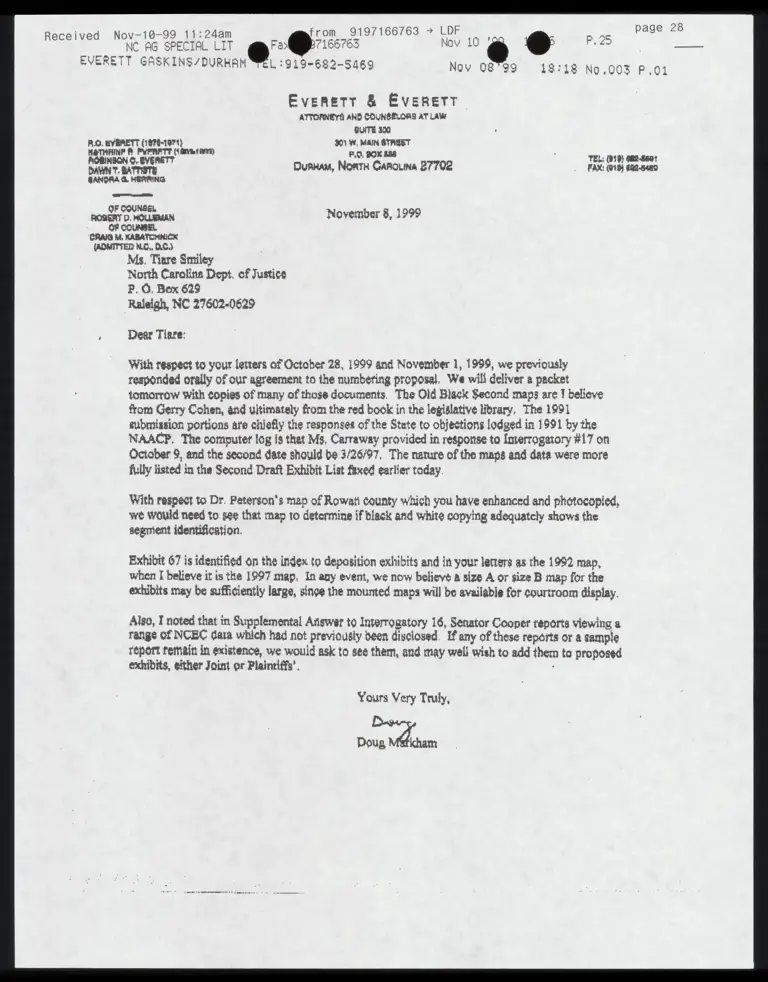 Fax from Everett RE: Letter to Smiley Concerning Exhibit Lists and Costs preview