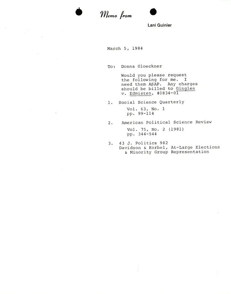 Letter from Lani Guinier to Donna Gloeckner RE: Request for research materials preview