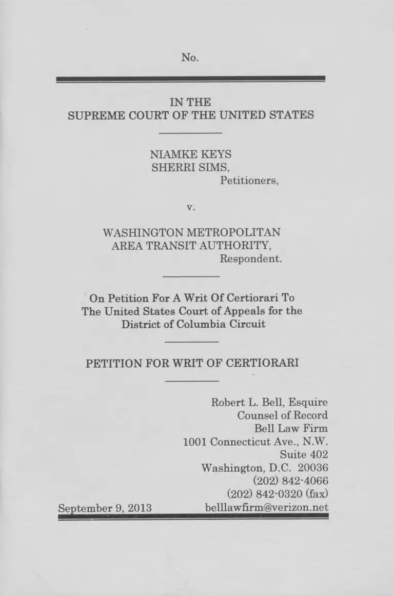 Sims v Washington Metro Transit Authority Petition for Writ of Certiorari preview
