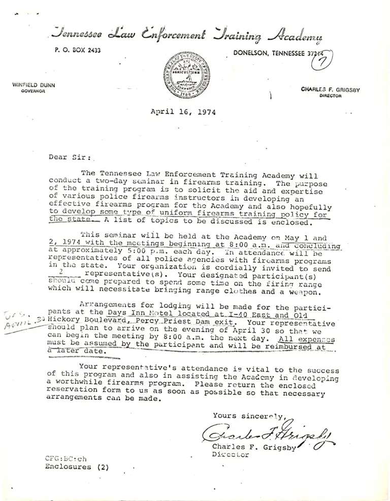 Correspondence from Grigsby Re: Firearms Training preview