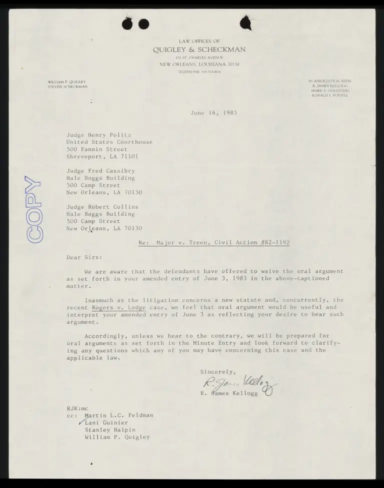 Correspondence from Kellogg to Judges Politz, Cassibry, and Collins preview