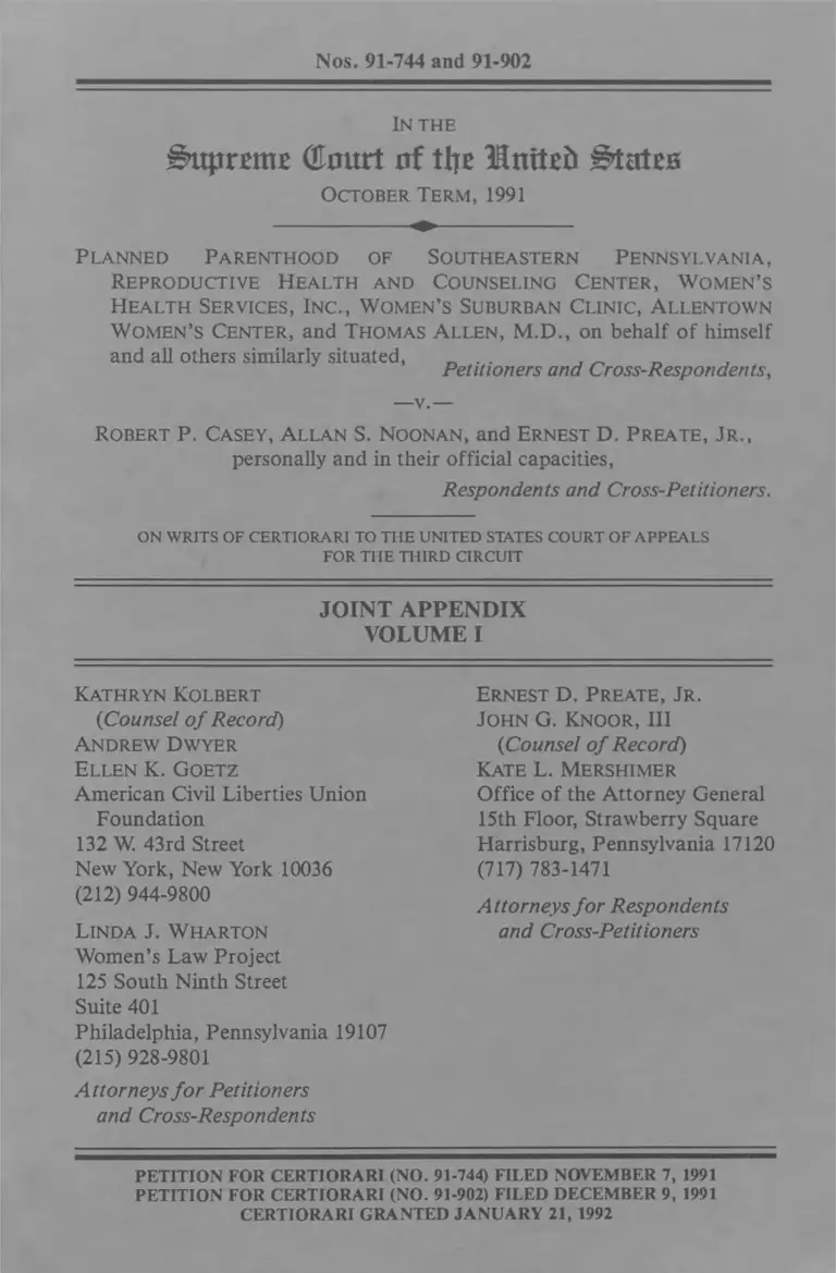 Planned Parenthood of Southeastern Pennsylvania v. Casey Joint Appendix Vol. 1 preview