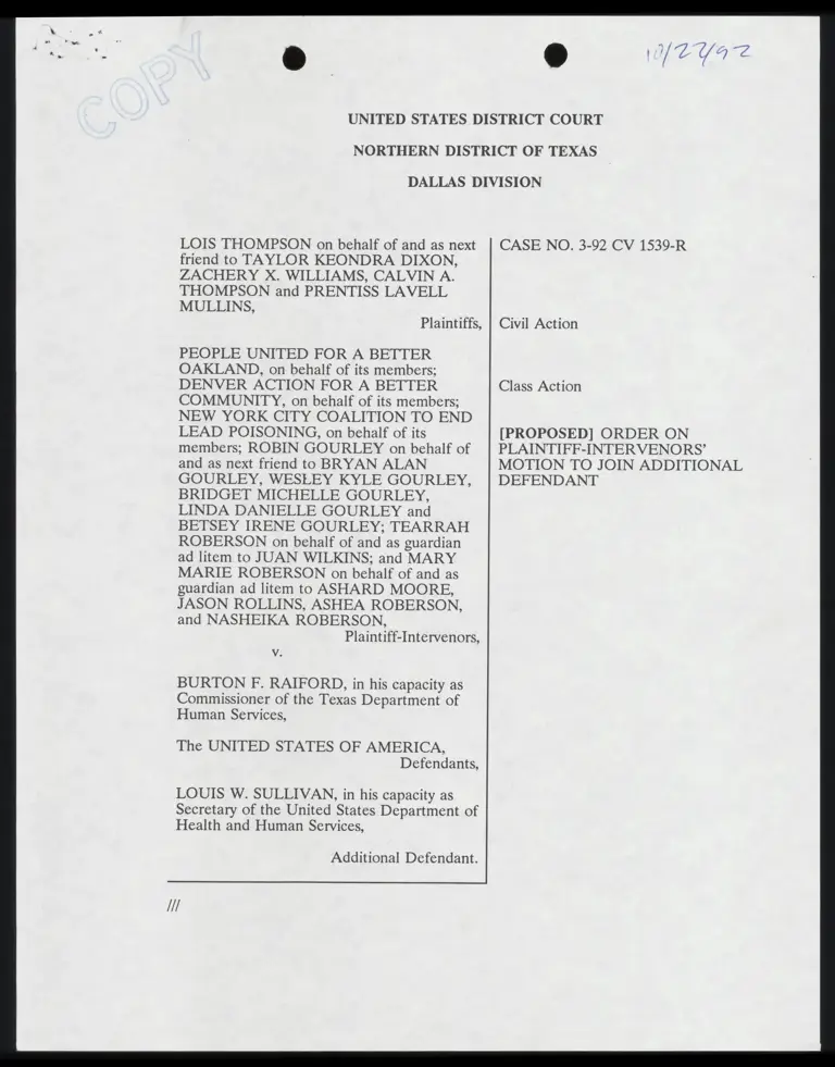 Proposed Order on Plaintiffs' Motion to Join Additional Defendant preview