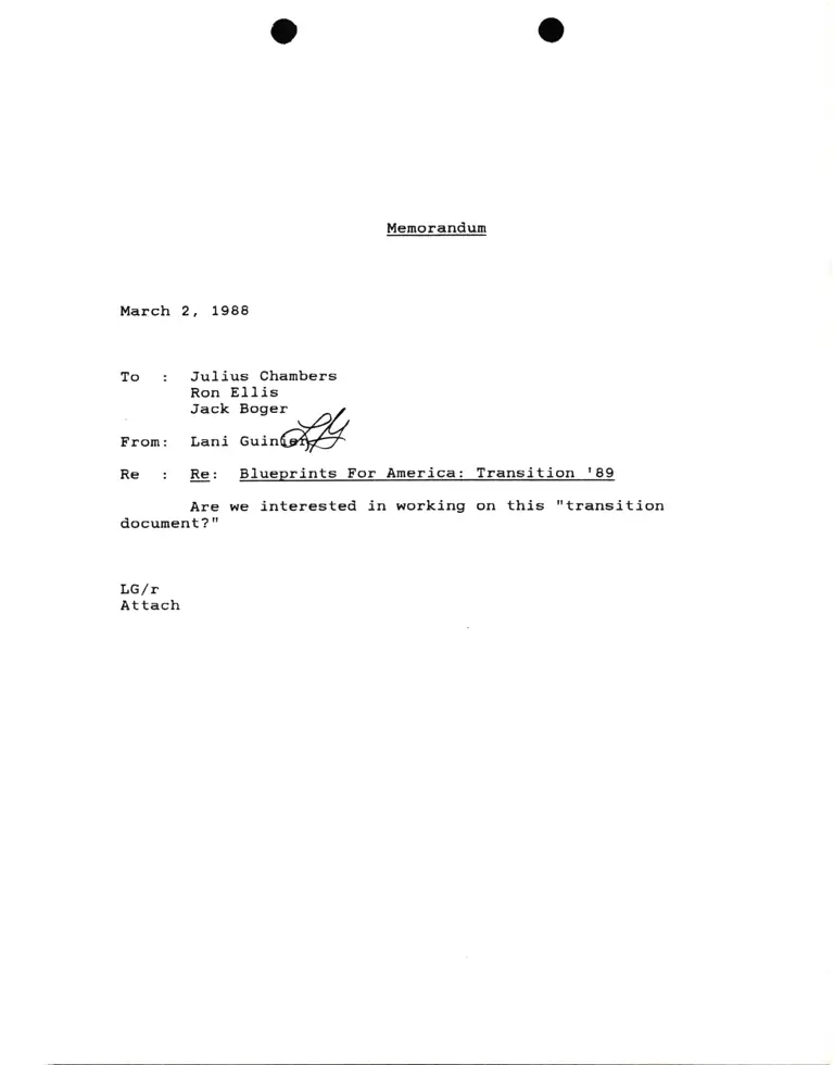 Memorandum from Lani Guinier to Julius Chambers, Ron Ellis, and Jack Boger Re Blueprints for America: Transition '89 preview