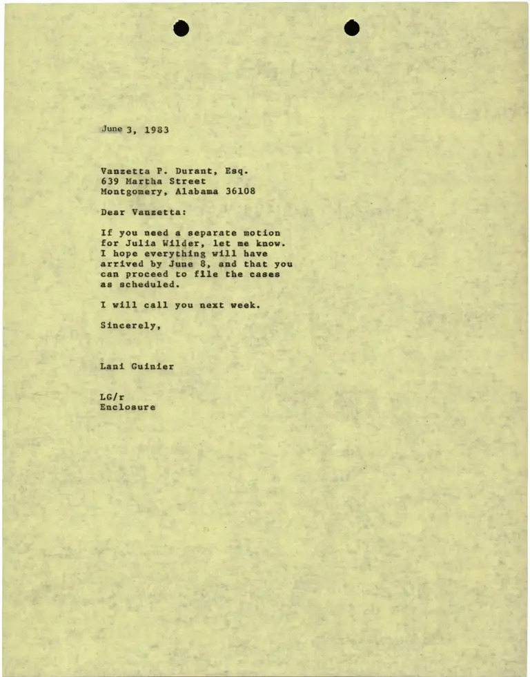Correspondence from Lani Guinier to Vanzetta Durant preview