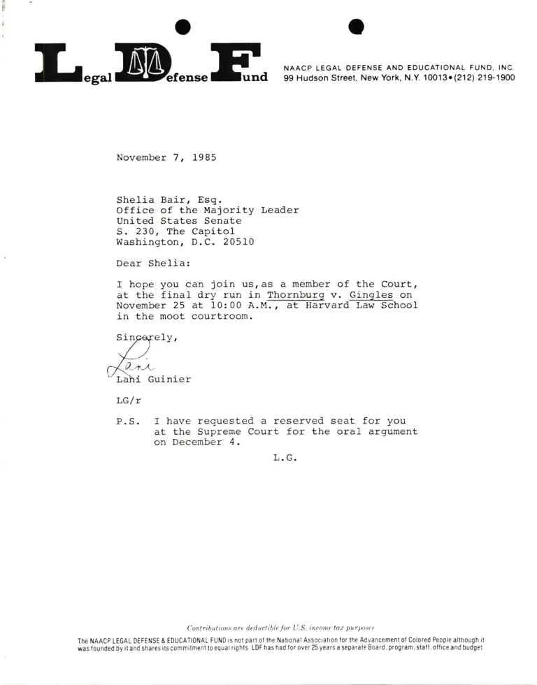 Correspondence from Lani Guinier to Sheila Bair, Esq. (Office of the U.S. Senate Majority Leader) Re Thornburg v. Gingles preview