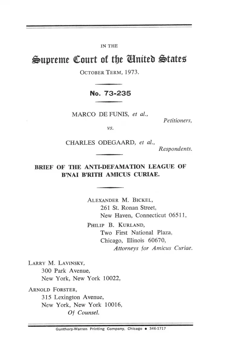 DeFunis v. Odegaard Brief Amicus Curiae of the Anti-Defamation League preview