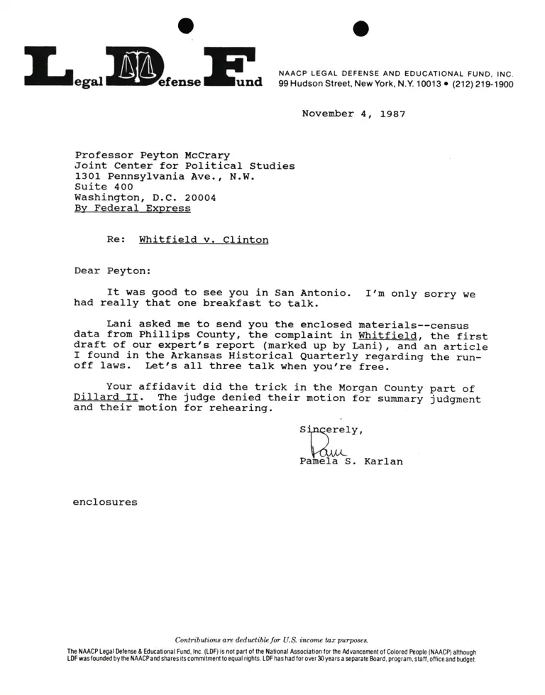 Correspondence from Pamela Karlan to Peyton McCrary Re Whitfield v. Clinton preview