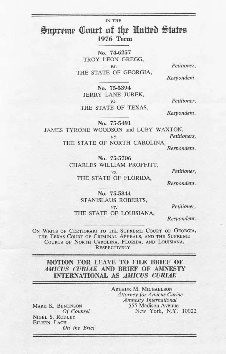 Gregg v. Georgia Motion for Leave to File and Brief Amicus Curiae preview