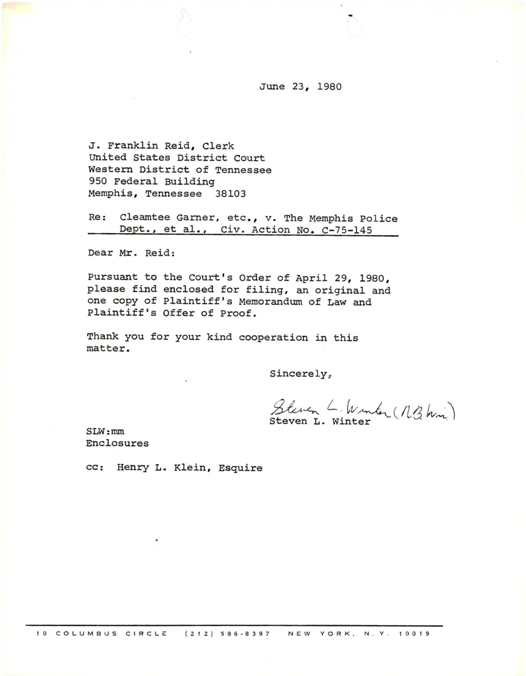 Correspondence from Winter to Clerk Re: Plaintiff's Memorandum of Law and Offer of Proof preview