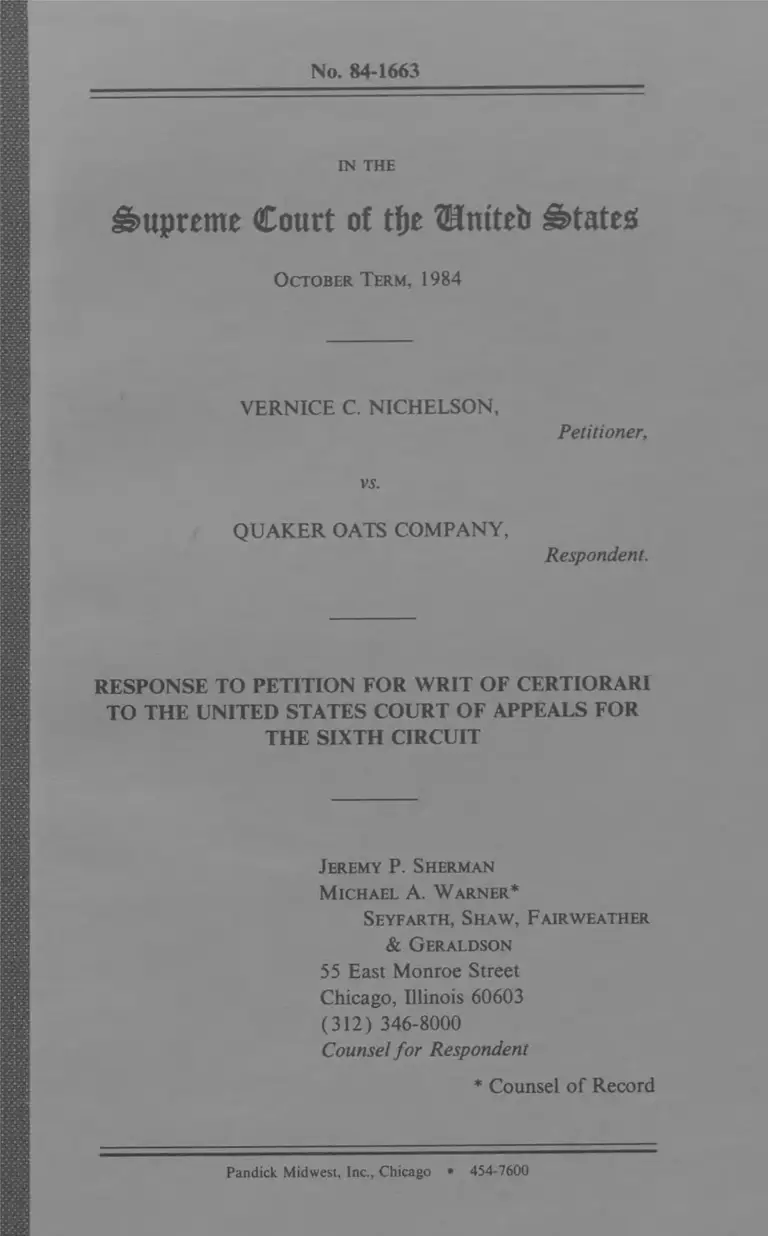Nichelson v. Quaker Oats Company Response to Petition for Writ of Certiorari to the US Court of Appeals for the Sixth Circuit preview