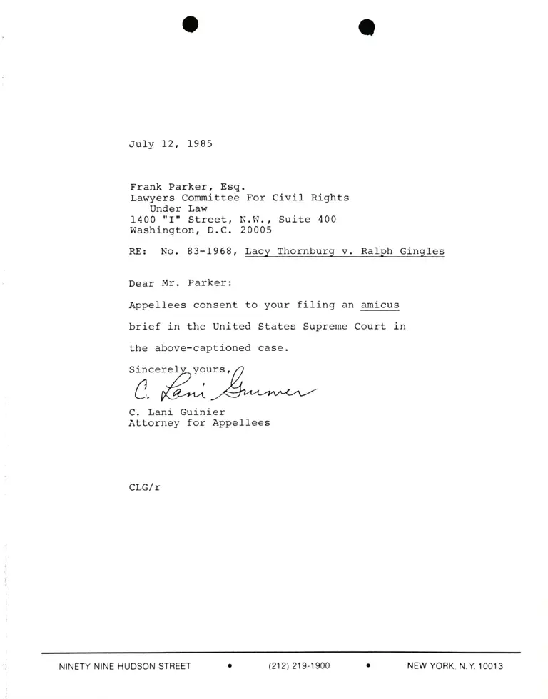 Correspondence from Lani Guinier to Frank Parker, Esq. Re Thornburg v. Gingles Amicus Brief preview